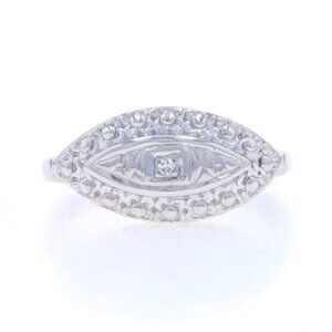 White Gold Diamond Vintage Ring - 14k Single Cut Floral Solitaire